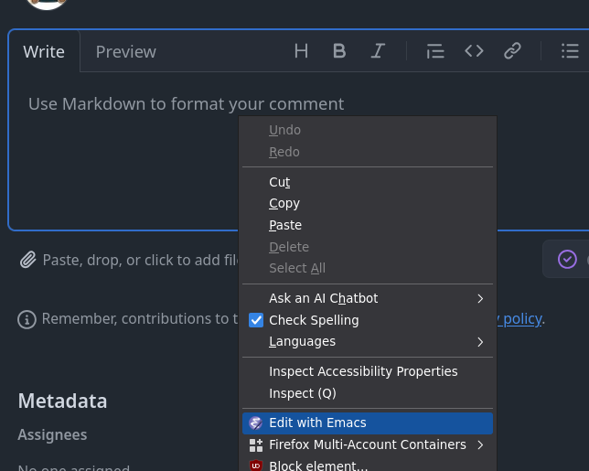 Figure 1: The “Edit with Emacs” button in a Github comment field (also available via configurable keyboard shortcut while focusing the textarea)