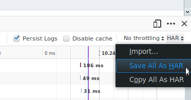 Figure 2: Save All as HAR menu in Firefox Network monitor